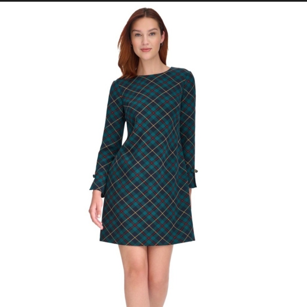 Tommy Hilfiger Plaid Sheath Dress Women 14 NWT Long Sleeve Green MSRP $118